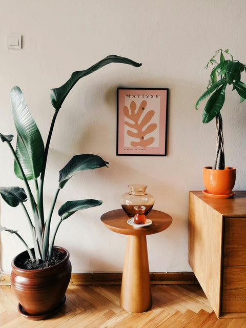 Mesa auxiliar ecológica de madera sostenible, flanqueada por dos macetas verdes con plantas, destacando un diseño interior consciente del medio ambiente y promoviendo un estilo de vida verde.