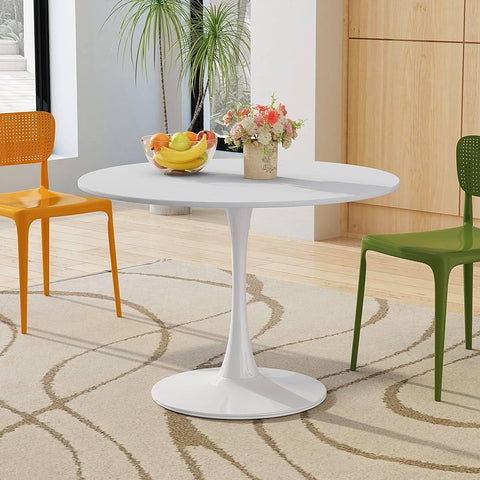 Mesa de comedor redonda blanca con dos sillas