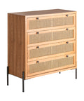 Aparador Zetel en madera DM, ratán y hierro, diseño versátil con cuatro cajones y estilo sofisticado para dormitorios o salones.