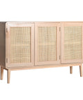 Aparador de madera de pino con puertas de ratán natural, ideal para almacenar con estilo en ambientes modernos y rústicos.