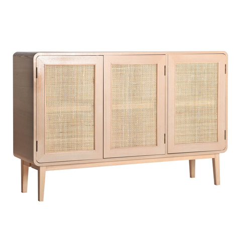 Aparador de madera de pino con puertas de ratán natural, ideal para almacenar con estilo en ambientes modernos y rústicos.