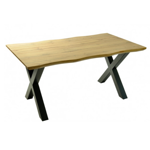 Mesa de comedor con tapa de madera natural y patas metálicas en forma de X, estilo industrial.