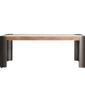 Mesa de centro rectangular de diseño rústico, fabricada en madera de abeto con estructura metálica negra y tablero de cristal templado.