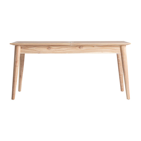 Mesa de comedor extensible Nyry en madera mindi, diseño elegante y funcional para hasta 6 comensales, ideal para reuniones y espacios versátiles.