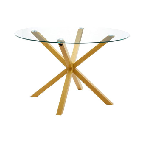 Mesa redonda de cristal templado con patas de acero acabado madera, diseño moderno.