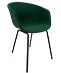 Pack de 2 sillas modernas con estructura metálica negra y tapizado en tejido verde elegante.