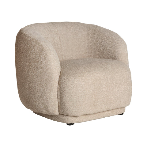 Sillón Privas de estilo moderno tapizado en algodón bouclé con estructura de madera DM, ideal para salones y rincones de lectura.