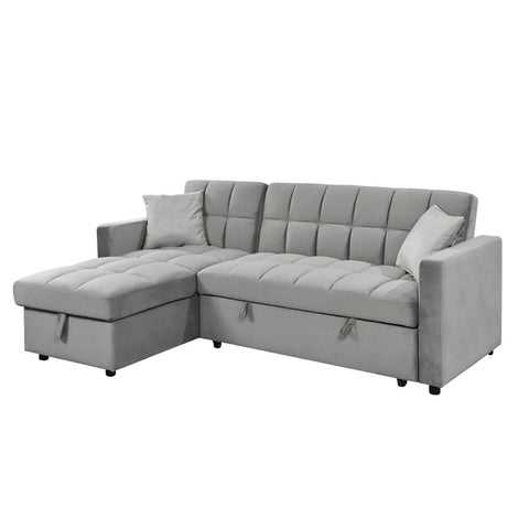 Sofá cama chaise longue gris claro con arcón de almacenamiento y diseño moderno.