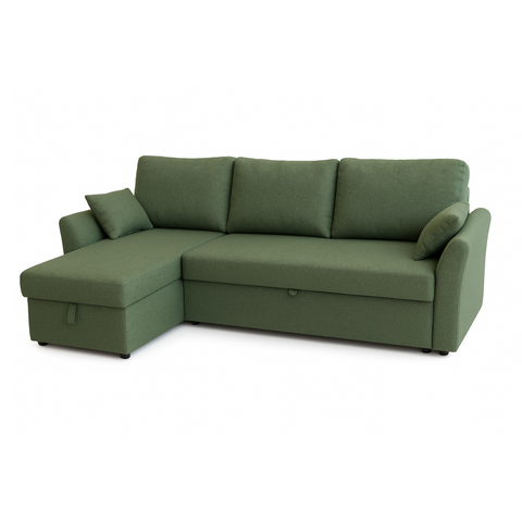 Sofá cama chaise longue verde con almacenamiento, diseño reversible y tapizado de poliéster.