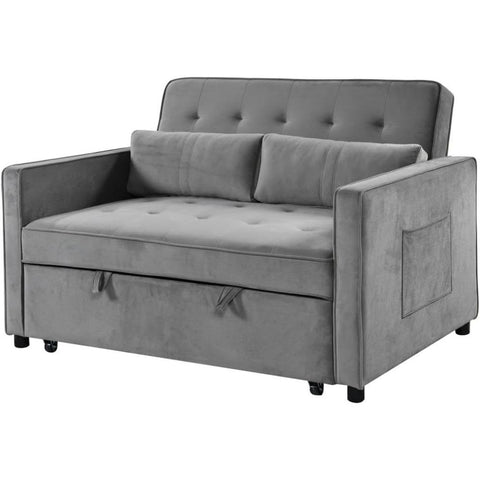 Sofá cama de matrimonio gris en terciopelo con sistema clic clac y espacio de almacenamiento.