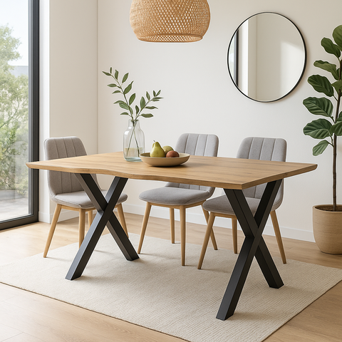 Mesa de Comedor con Tapa de Madera y Patas Metálicas Cruzadas BASILE