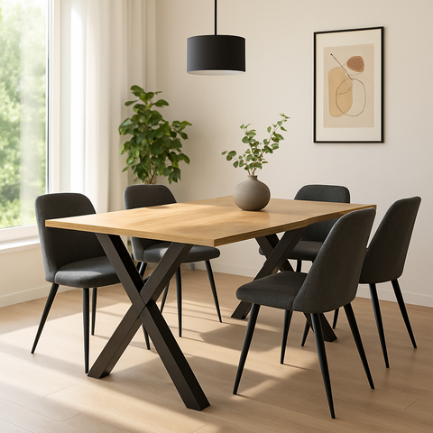 Mesa de Comedor con Tapa de Madera y Patas Metálicas Cruzadas BASILE